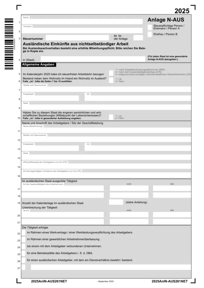 Anlage N-AUS 2025, Seite 1 mit den Zeilen 1 bis 27
