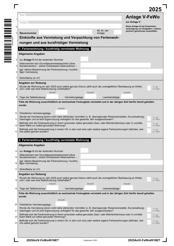 Anlage V-FeWo 2025, Seite 1 mit der ersten und zweiten Ferienwohnung (Zeilen 4 bis 23)