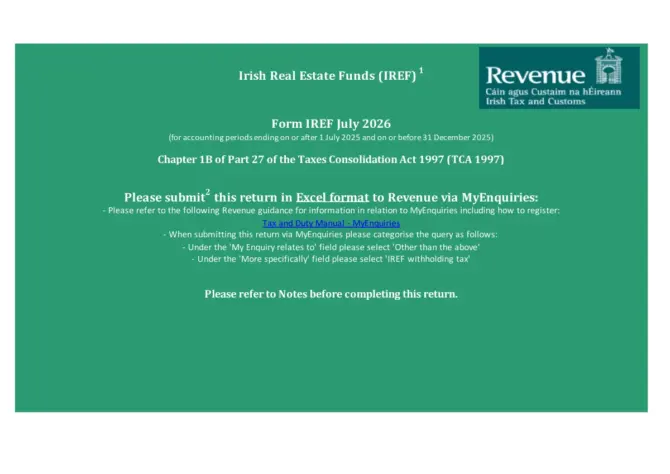Form IREF, July 2026, front page with the MyEnquiries filing instructions