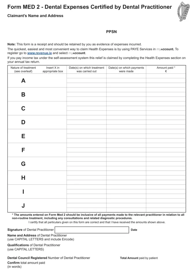 Revenue Form MED 2, dental expenses certified by dental practitioner, page 1