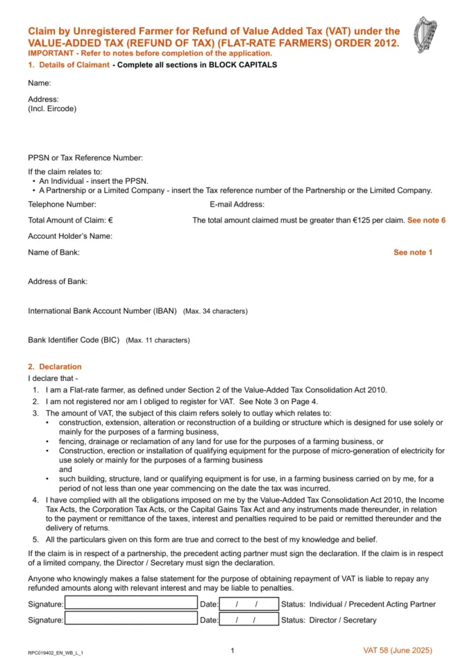 Form VAT 58 (June 2025), page 1: claimant details, bank details and declaration