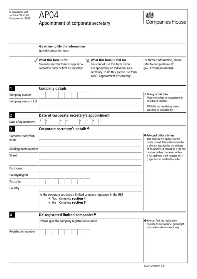 AP04 Appointment of corporate secretary, version 8.0, page 1 with company details, appointment date and corporate secretary's address