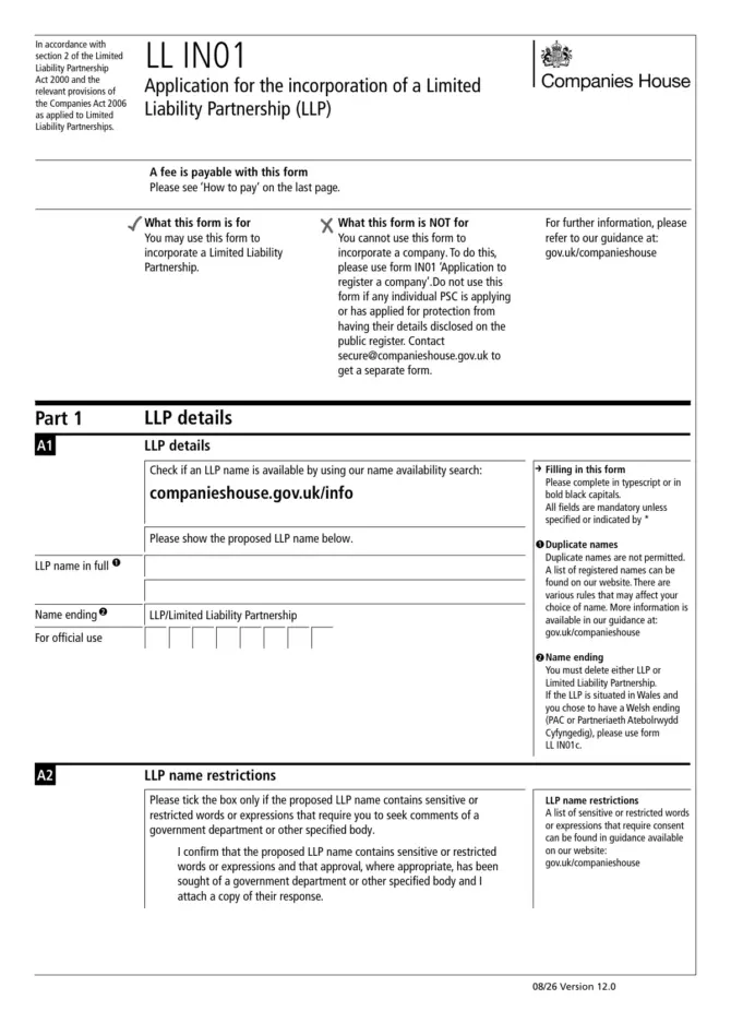Companies House form LL IN01, version 12.0 (08/26), page 1 with the LLP name sections