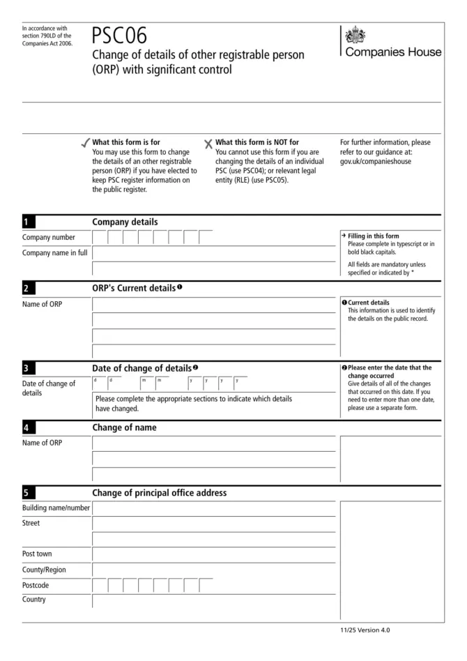 PSC06 Change of details of other registrable person (ORP) with significant control, version 4.0, page 1 with company details, date of change and change of name