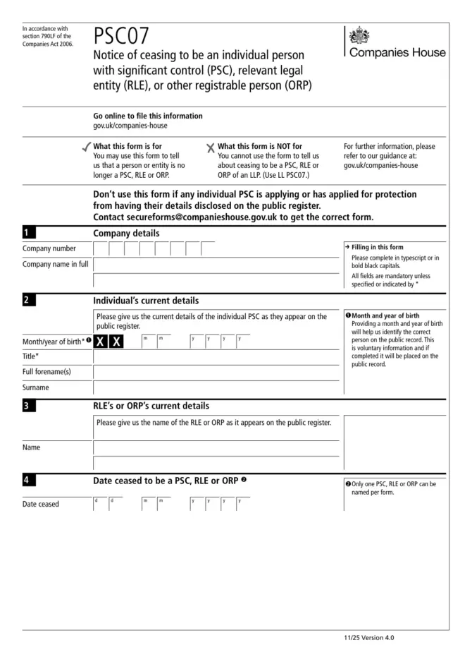 Companies House form PSC07, version 4.0 (11/25), page 1