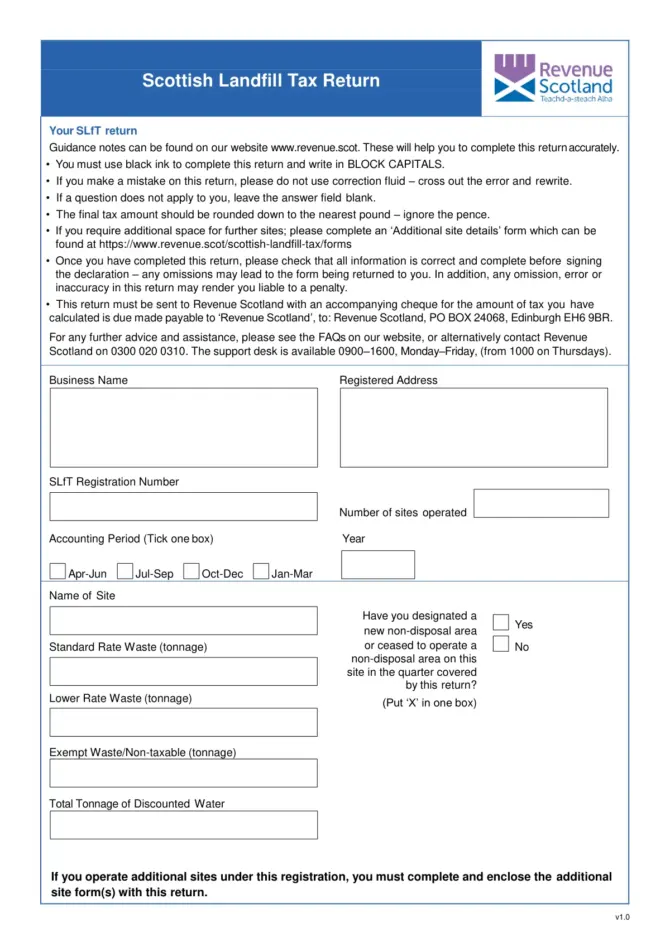Revenue Scotland paper Scottish Landfill Tax Return, version 1.0, page 1
