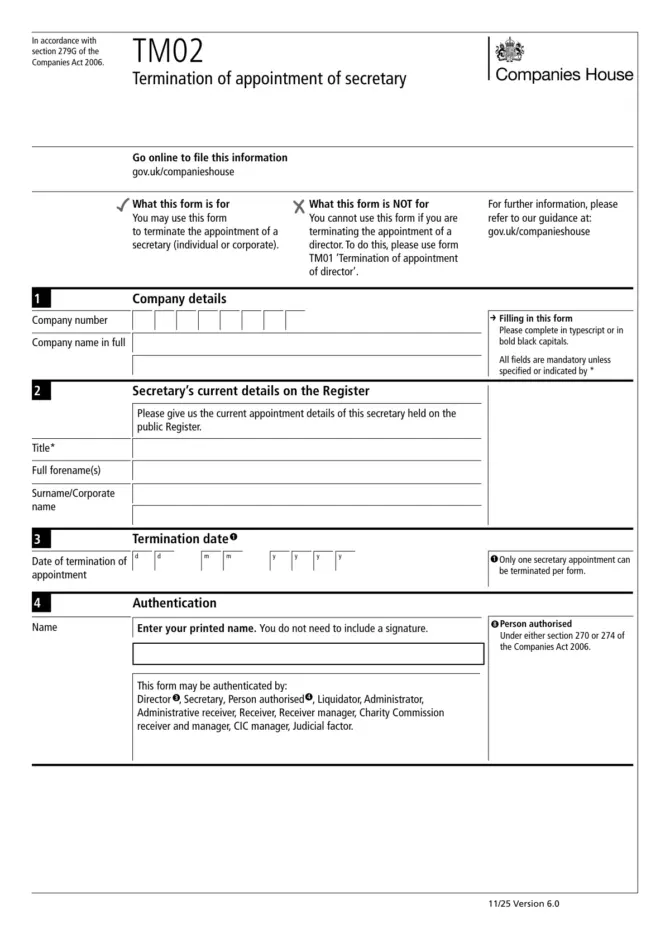 TM02 Termination of appointment of secretary, version 6.0, page 1 with the four numbered boxes