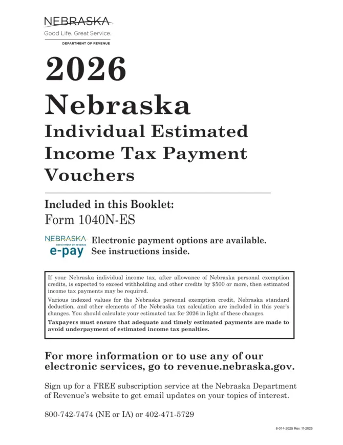 Cover of the 2026 Nebraska Form 1040N-ES estimated income tax payment voucher booklet, revision 11-2025