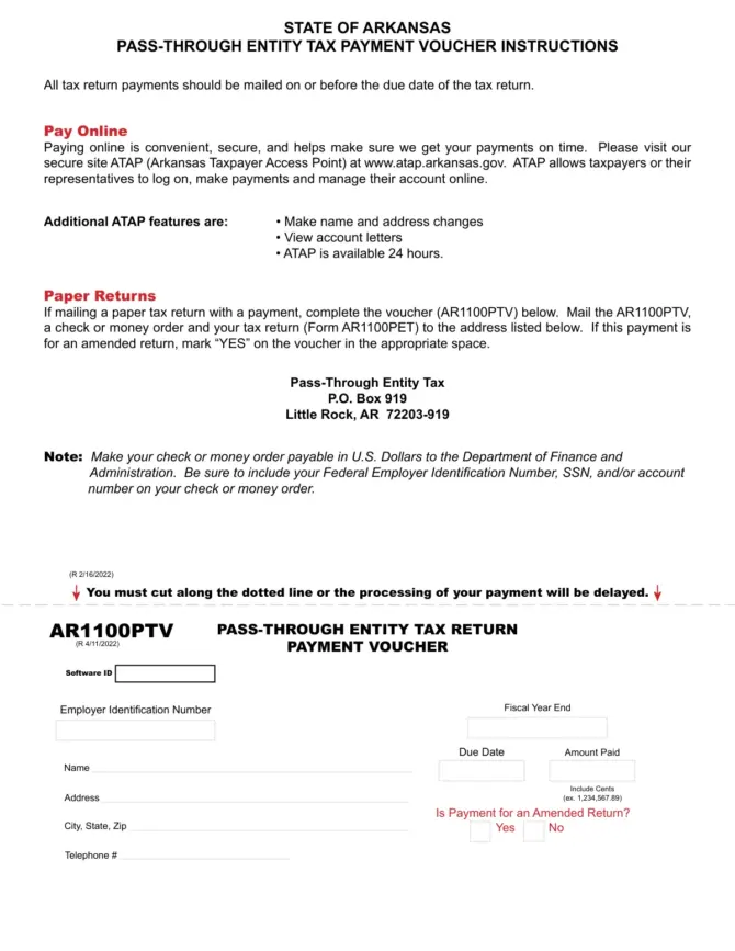 Arkansas Form AR1100PTV, 2025 pass-through entity tax return payment voucher