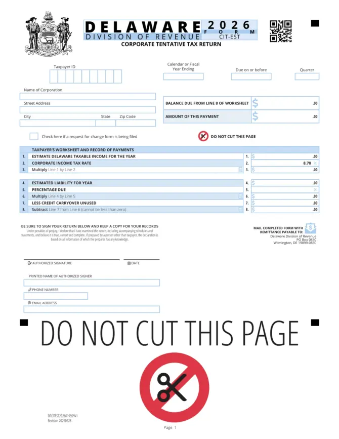 Delaware Form CIT-EST, 2026 corporate tentative tax return, with the eight-line worksheet and payment boxes