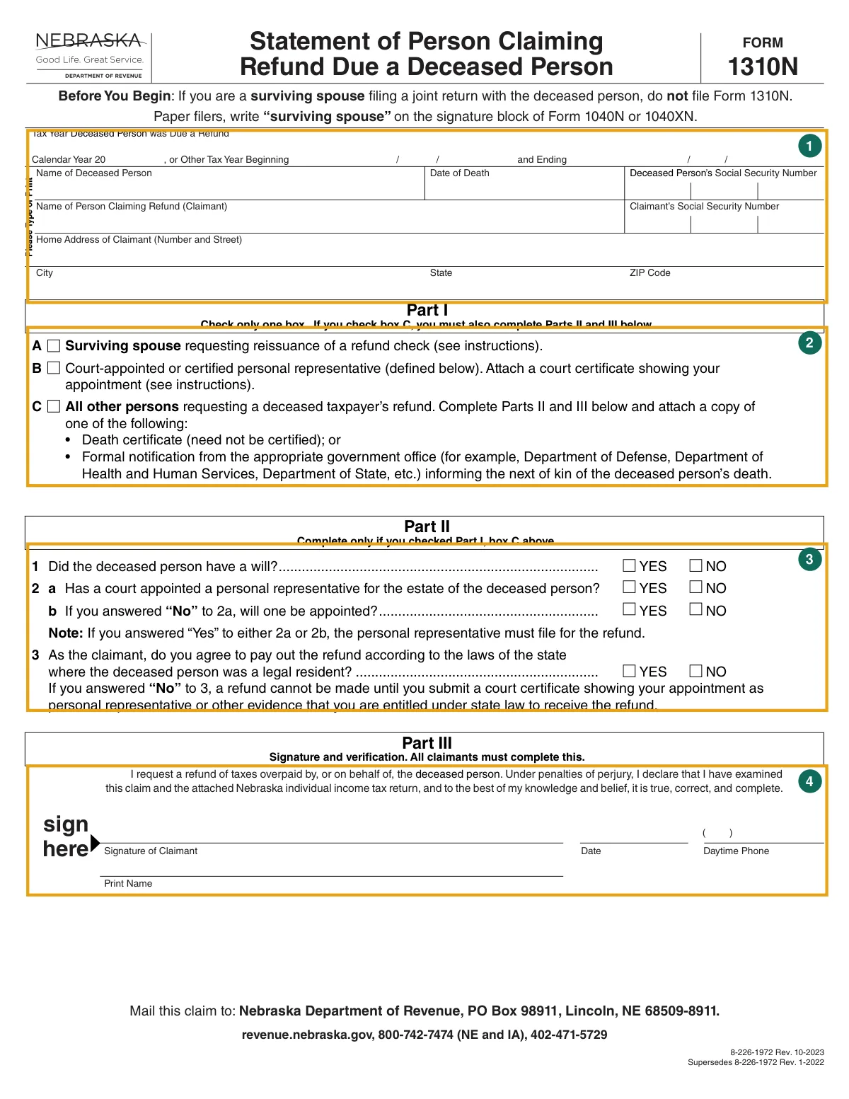 Form 1310N with four areas marked: 1 header details, 2 Part I boxes A to C, 3 Part II questions, 4 Part III signature