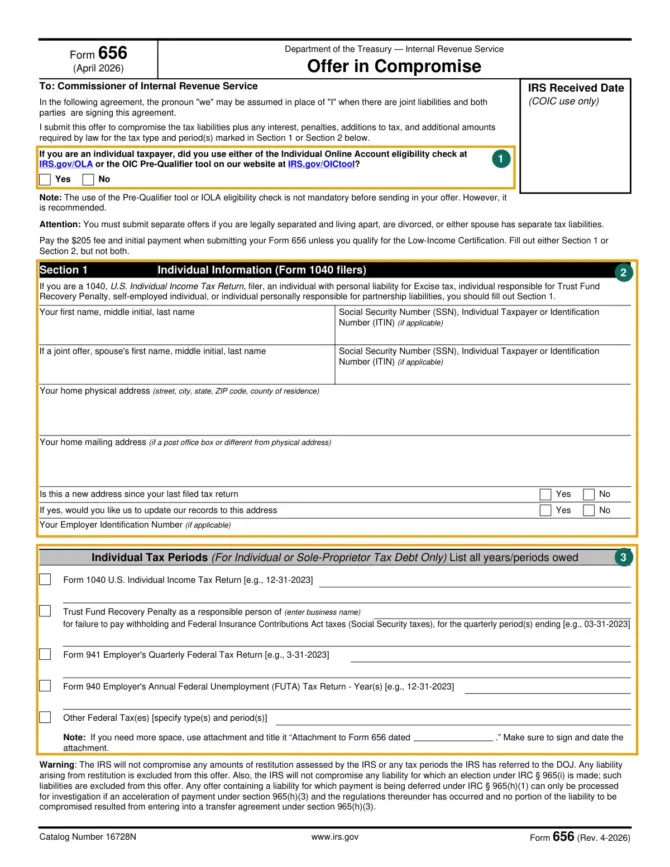 Form 656 page 1 with three areas marked: 1 pre-qualifier question, 2 Section 1 individual information, 3 individual tax periods